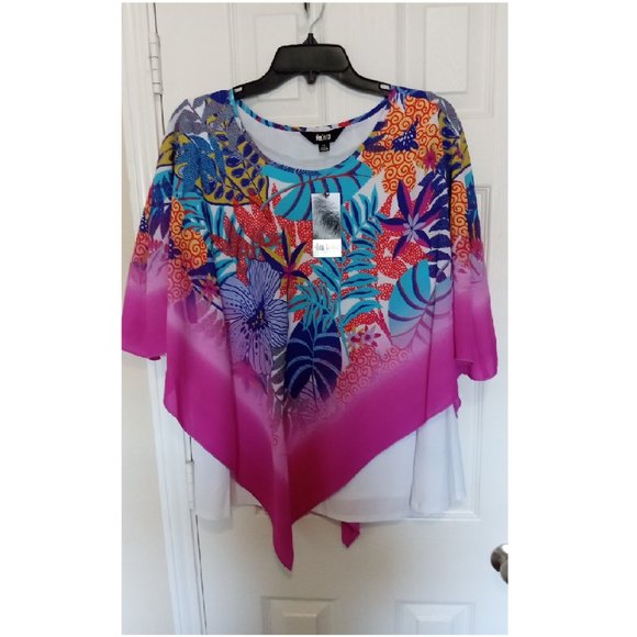 Plus Size Top Poncho Style Blouse Botanical Print Round Neck 3/4 sleeve - Picture 1 of 2